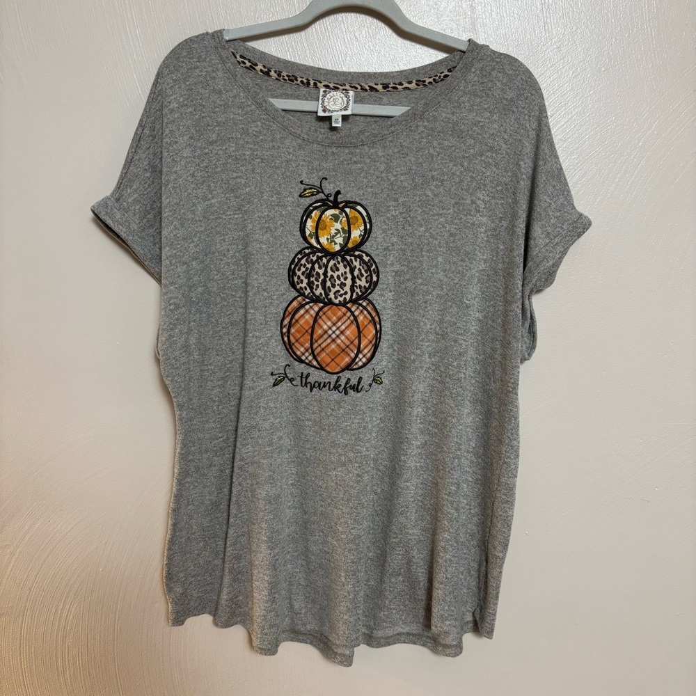 TruSelf Women's‎ Shirt Short Sleeve Thankful Patchwork Pumpkins Brown Size 2X